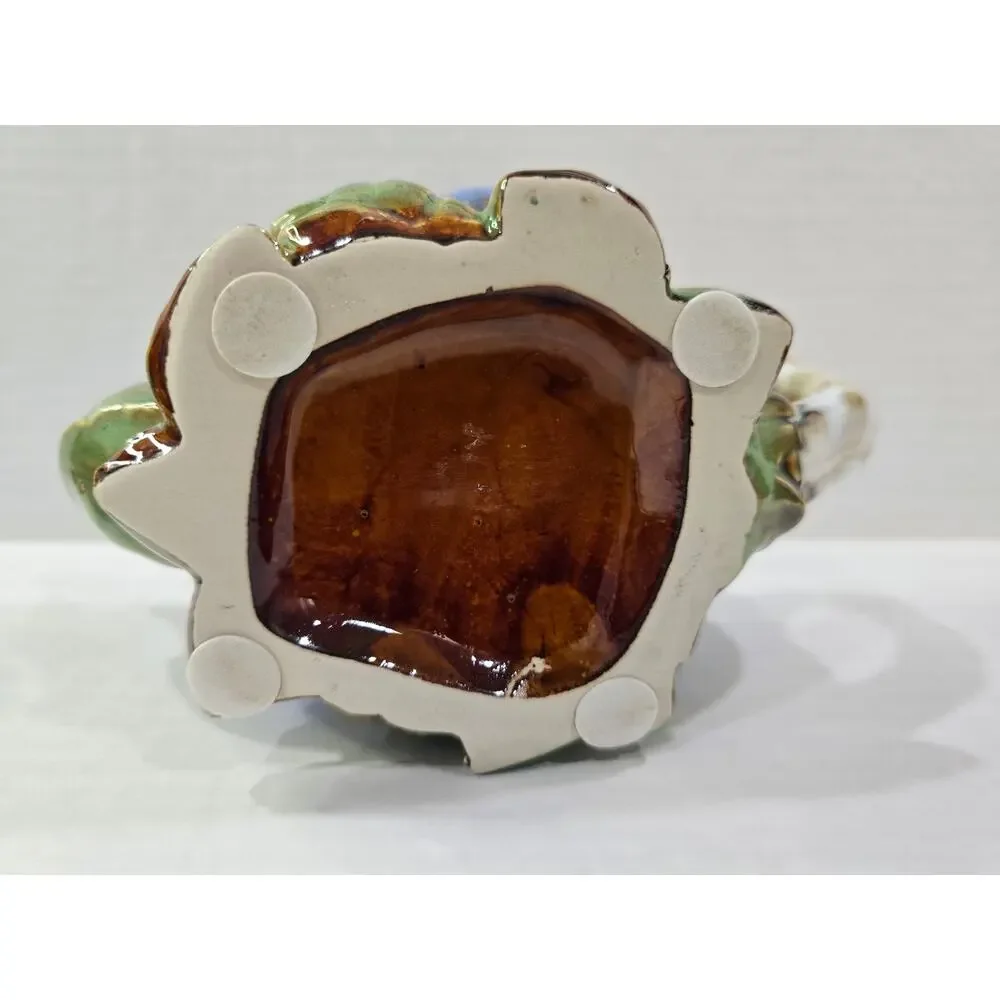 Majolica Style Cabbage Rose Bluebird Finial Ceramic Teapot Floral Decor